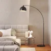 Booglamp, Staande Lamp, In Hoogte Verstelbaar, Voetschakelaar, Voet In Marmerlook, 170 180cm, Zwart