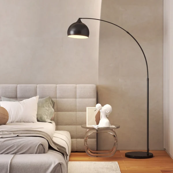 Booglamp, Staande Lamp, In Hoogte Verstelbaar, Voetschakelaar, Voet In Marmerlook, 170 180cm, Zwart