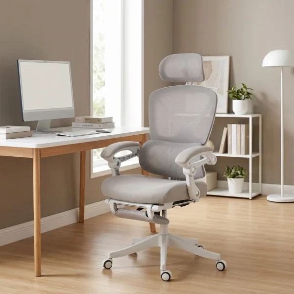 Bureaustoel, Ergonomische Bureaustoel Met Voetensteun, Schommelfunctie, Armleuning, Netstof, Grijs