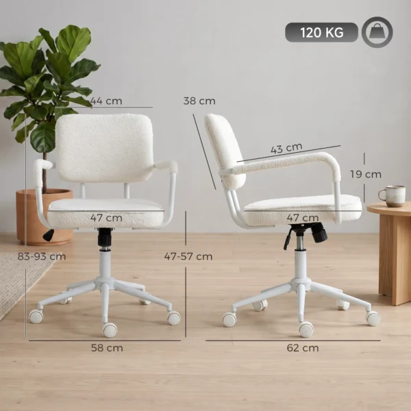 Bureaustoel Van Sherpa fleece, Draaistoel Met 360° Draaifunctie, Kantelfunctie, In Hoogte Verstelbaar, Met PU rollen, Crèmewit