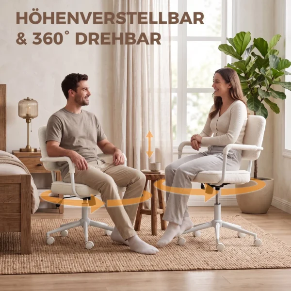 Bureaustoel Van Sherpa fleece, Draaistoel Met 360° Draaifunctie, Kantelfunctie, In Hoogte Verstelbaar, Met PU rollen, Crèmewit