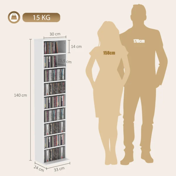 CD /DVD Rek, 9 Niveaus, Smal Staand Rek Met 6 Verstelbare Planken, Voor 260 CD's, Wit