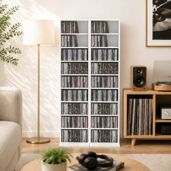 CD /DVD Rek, 9 Niveaus, Smal Staand Rek Met 6 Verstelbare Planken, Voor 260 CD's, Wit