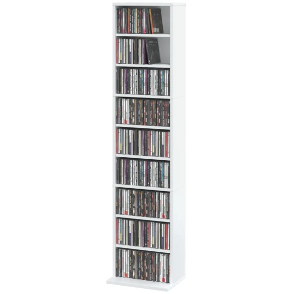 CD /DVD Rek, 9 Niveaus, Smal Staand Rek Met 6 Verstelbare Planken, Voor 260 CD's, Wit