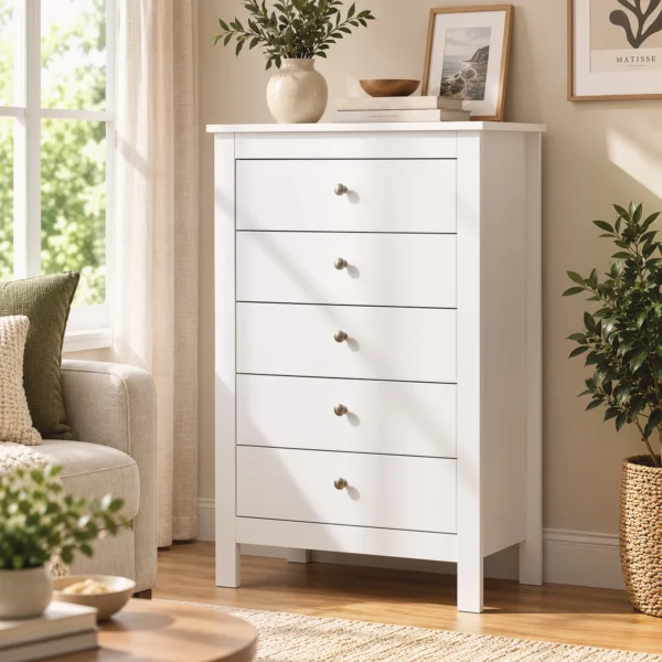 Commode Met 5 Lades, Kast Met Soepel Lopende Rails Voor Slaapkamer, 60 X 39,5 X 95,3 Cm, Wit