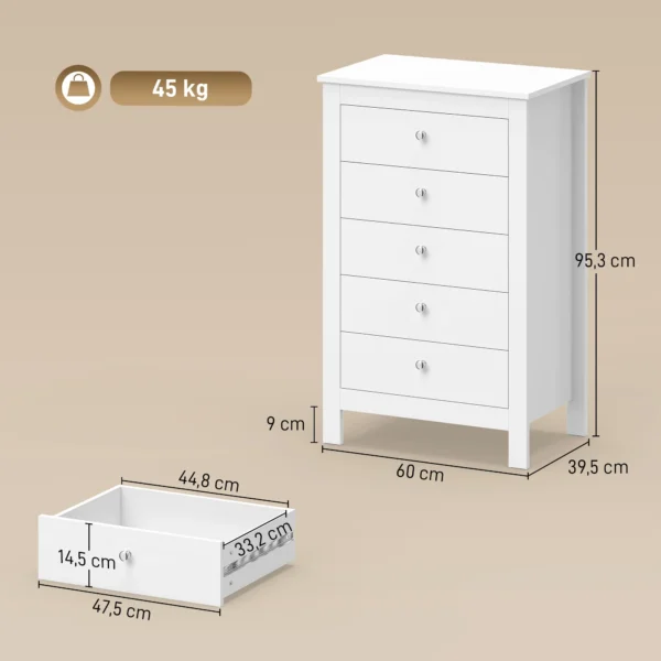 Commode Met 5 Lades, Kast Met Soepel Lopende Rails Voor Slaapkamer, 60 X 39,5 X 95,3 Cm, Wit