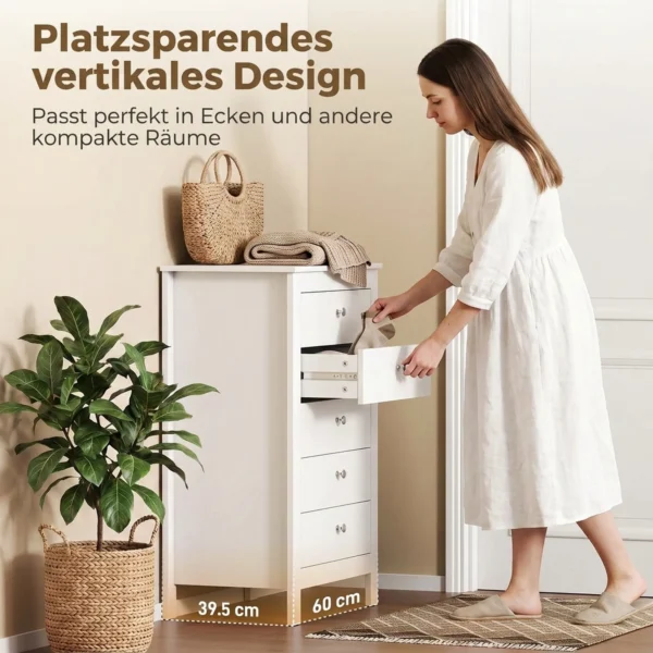 Commode Met 5 Lades, Kast Met Soepel Lopende Rails Voor Slaapkamer, 60 X 39,5 X 95,3 Cm, Wit