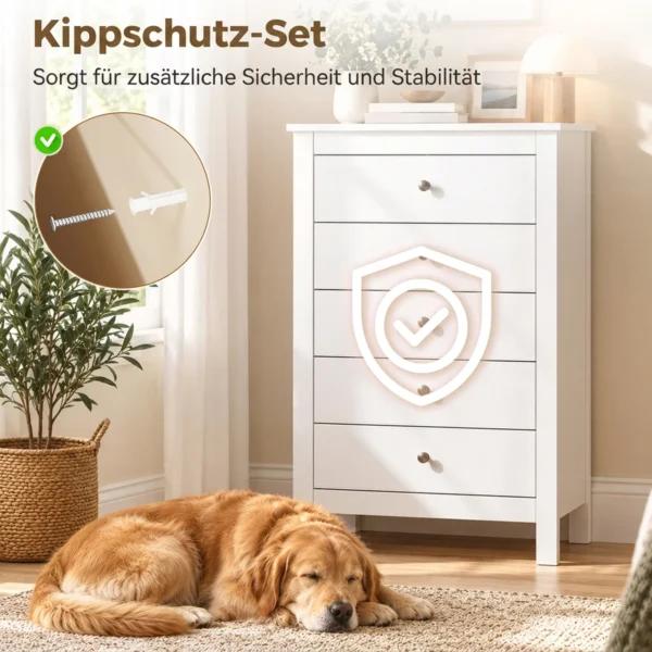 Commode Met 5 Lades, Kast Met Soepel Lopende Rails Voor Slaapkamer, 60 X 39,5 X 95,3 Cm, Wit