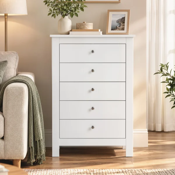 Commode Met 5 Lades, Kast Met Soepel Lopende Rails Voor Slaapkamer, 60 X 39,5 X 95,3 Cm, Wit