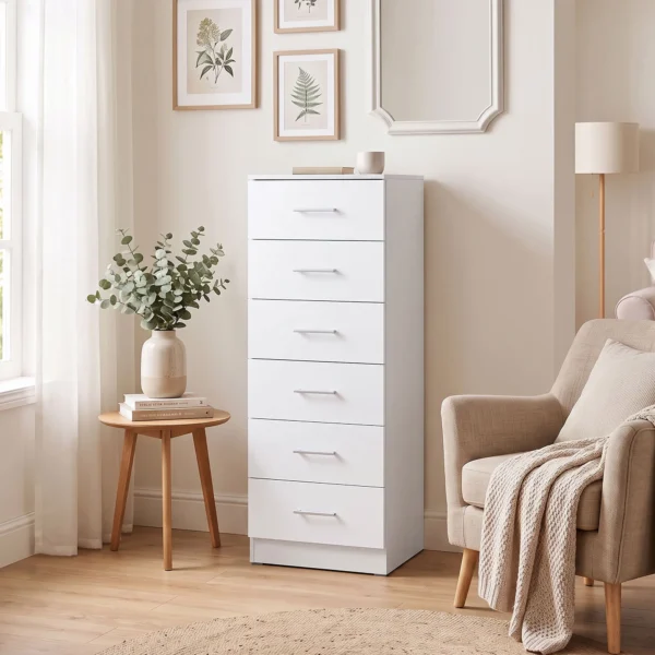 Commode Met 6 Lades, Moderne Slaapkamercommode, Opbergkast, 40 X 40 X 110 Cm, Wit In Houtlook