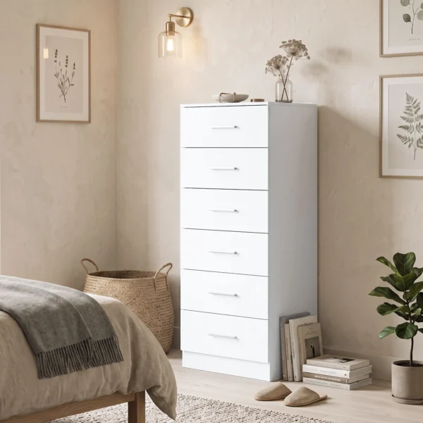 Commode Met 6 Lades, Moderne Slaapkamercommode, Opbergkast, 40 X 40 X 110 Cm, Wit In Houtlook