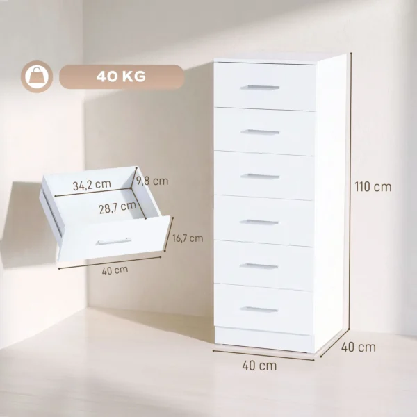 Commode Met 6 Lades, Moderne Slaapkamercommode, Opbergkast, 40 X 40 X 110 Cm, Wit In Houtlook