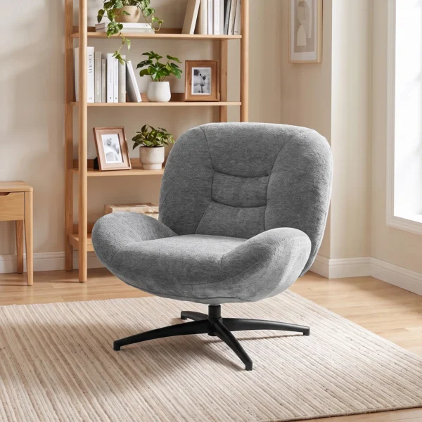 Draaibare Woonkamer Fauteuil Met Brede Zitting, Geïntegreerde Armleuning, Chenille look, Donkergrijs