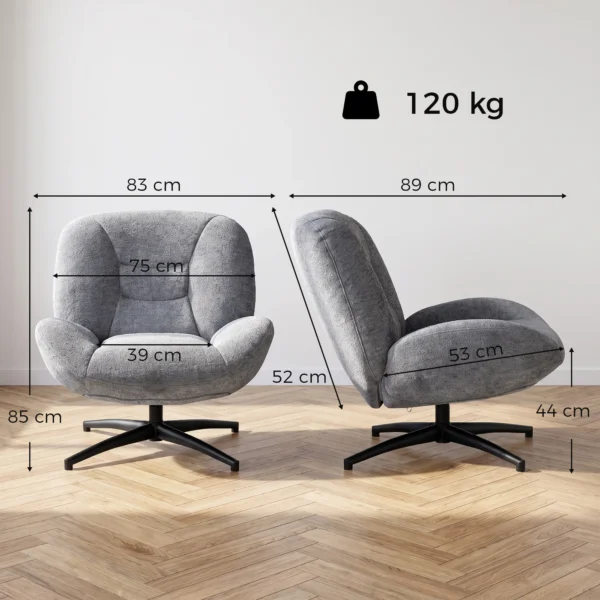 Draaibare Woonkamer Fauteuil Met Brede Zitting, Geïntegreerde Armleuning, Chenille look, Donkergrijs