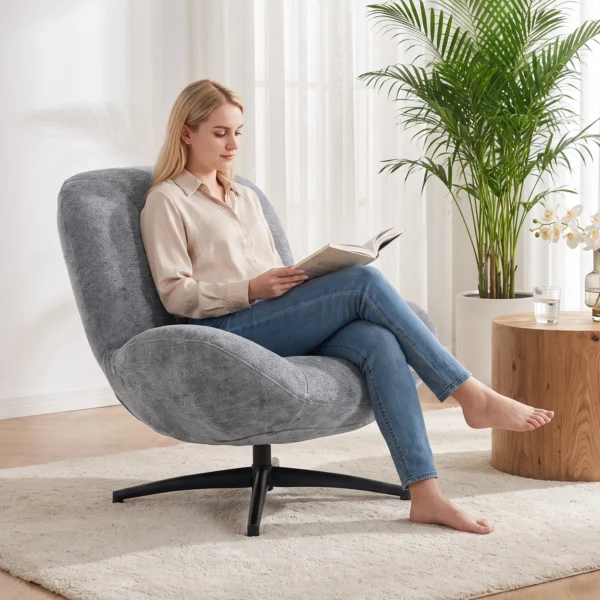 Draaibare Woonkamer Fauteuil Met Brede Zitting, Geïntegreerde Armleuning, Chenille look, Donkergrijs