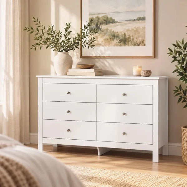 Dressoir Met 6 Lades, Sideboard Met Soepel Lopende Rails Voor Slaapkamer, Woonkamer Of Gang, 118 X 39,5 X 75,5 Cm, Wit