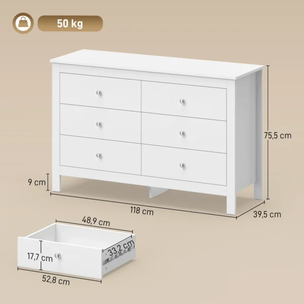 Dressoir Met 6 Lades, Sideboard Met Soepel Lopende Rails Voor Slaapkamer, Woonkamer Of Gang, 118 X 39,5 X 75,5 Cm, Wit
