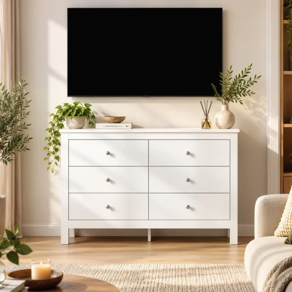 Dressoir Met 6 Lades, Sideboard Met Soepel Lopende Rails Voor Slaapkamer, Woonkamer Of Gang, 118 X 39,5 X 75,5 Cm, Wit