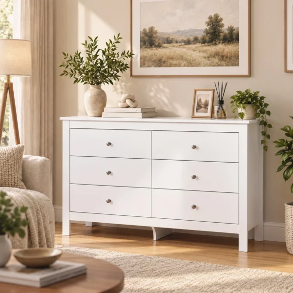 Dressoir Met 6 Lades, Sideboard Met Soepel Lopende Rails Voor Slaapkamer, Woonkamer Of Gang, 118 X 39,5 X 75,5 Cm, Wit