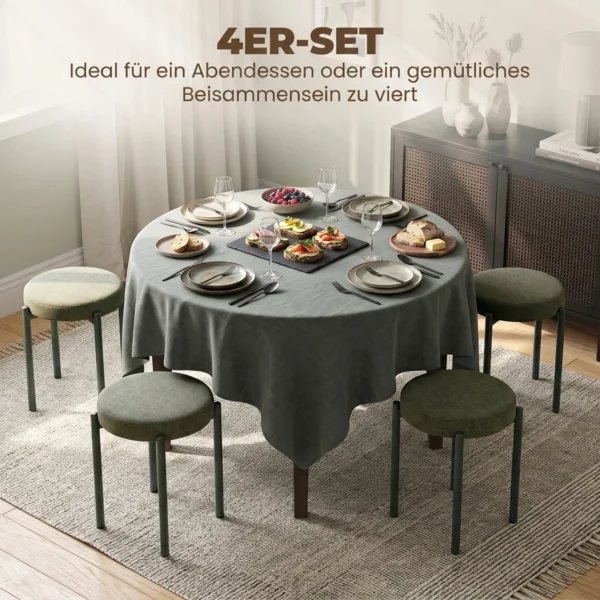 Eetkamerkrukken 4 delige Set Stapelbare Zitkrukken Met Stalen Poten, Linnenlook Voor Eetkamer, Woonkamer, Keuken, Donkergroen