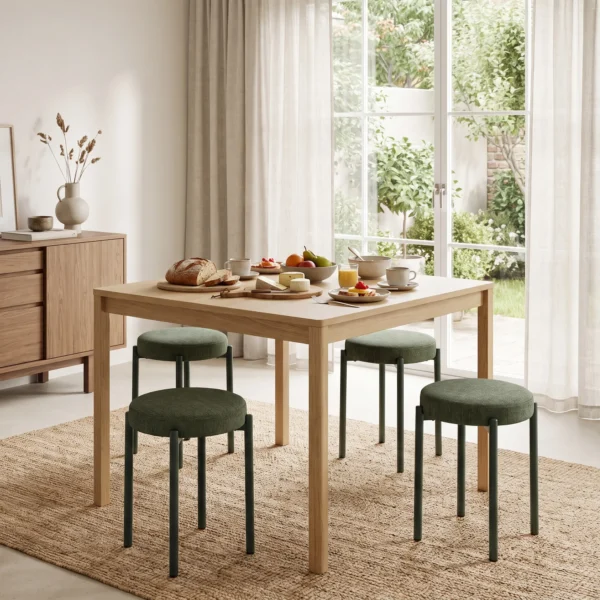 Eetkamerkrukken 4 delige Set Stapelbare Zitkrukken Met Stalen Poten, Linnenlook Voor Eetkamer, Woonkamer, Keuken, Donkergroen