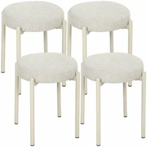 Eetkamerkrukken Set Van 4 Stapelbare Zithockers Met Stalen Poten, Linnenlook Voor Eetkamer, Woonkamer, Keuken, Crèmewit