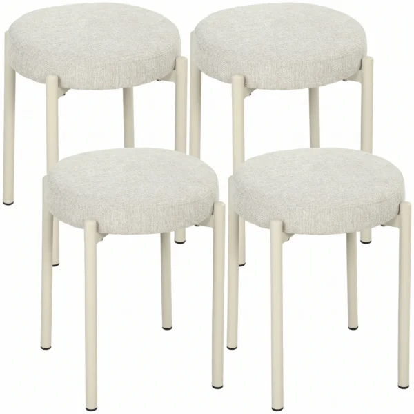 Eetkamerkrukken Set Van 4 Stapelbare Zithockers Met Stalen Poten, Linnenlook Voor Eetkamer, Woonkamer, Keuken, Crèmewit