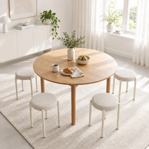 Eetkamerkrukken Set Van 4 Stapelbare Zithockers Met Stalen Poten, Linnenlook Voor Eetkamer, Woonkamer, Keuken, Crèmewit