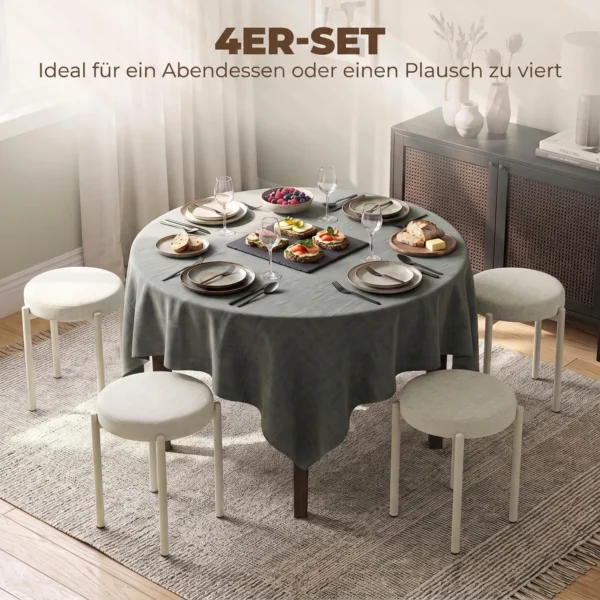 Eetkamerkrukken Set Van 4 Stapelbare Zithockers Met Stalen Poten, Linnenlook Voor Eetkamer, Woonkamer, Keuken, Crèmewit