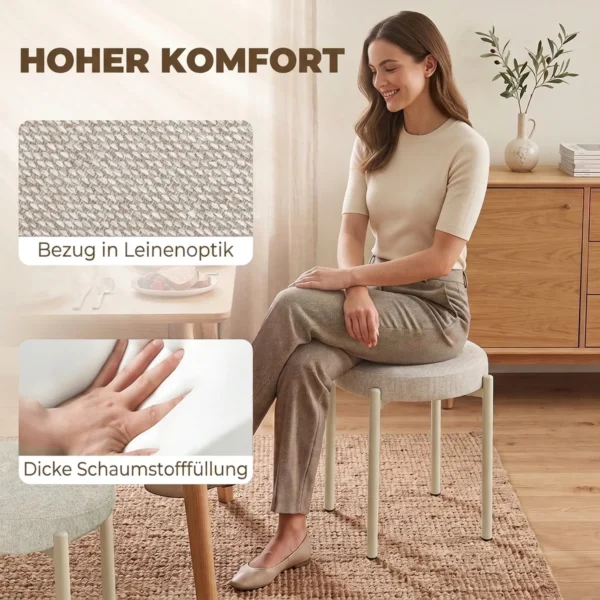 Eetkamerkrukken Set Van 4 Stapelbare Zithockers Met Stalen Poten, Linnenlook Voor Eetkamer, Woonkamer, Keuken, Crèmewit
