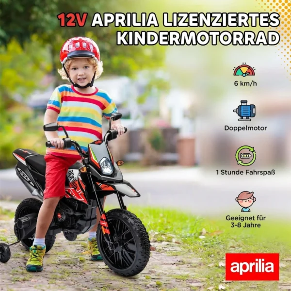 Elektrische Motorfiets Voor Kinderen 12 V Met 2 Motoren, Stabilisatiewielen, Schokdempers, 13 Inch Wielen, Muziek, USB