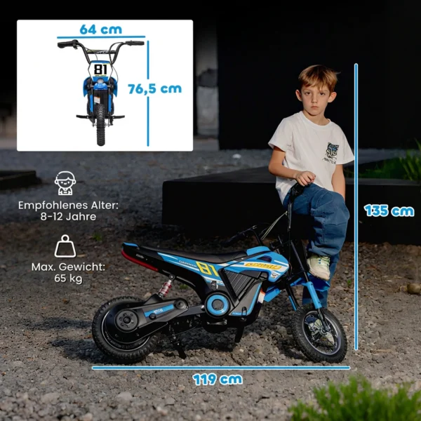 Elektrische Motorfiets Voor Kinderen 24 V Kinder Motocross Met 250W Motor 7Ah Batterij Achterwielophanging Schijfrem 16km/u 8–12 Jaar