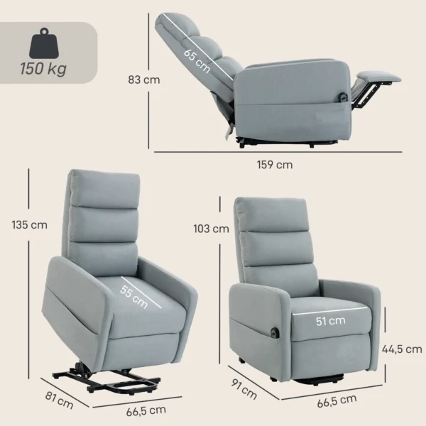 Elektrische Relaxstoel Met Opsta hulp, Afstandsbediening, Zacht Schuim, Zijtas, Linnen look Bekleding, Grijs