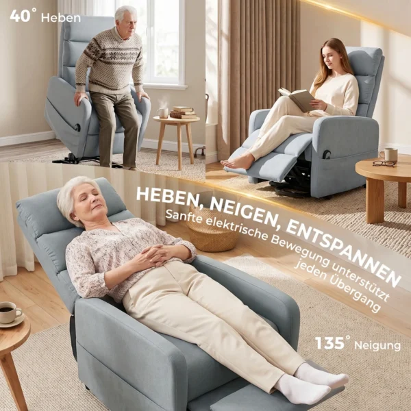 Elektrische Relaxstoel Met Opsta hulp, Afstandsbediening, Zacht Schuim, Zijtas, Linnen look Bekleding, Grijs