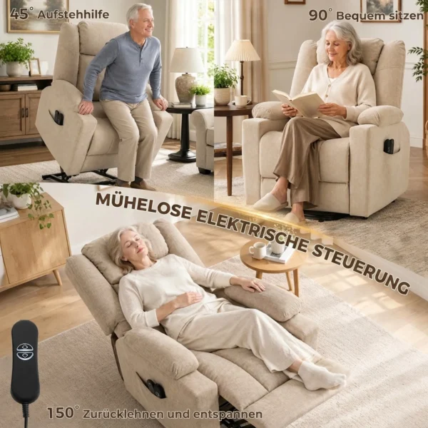Elektrische Sta op Stoel Met Vibratiemassage En Verwarmingsfunctie, Relaxstoel In Fluweeloptiek Met Pocketvering, Crèmewit