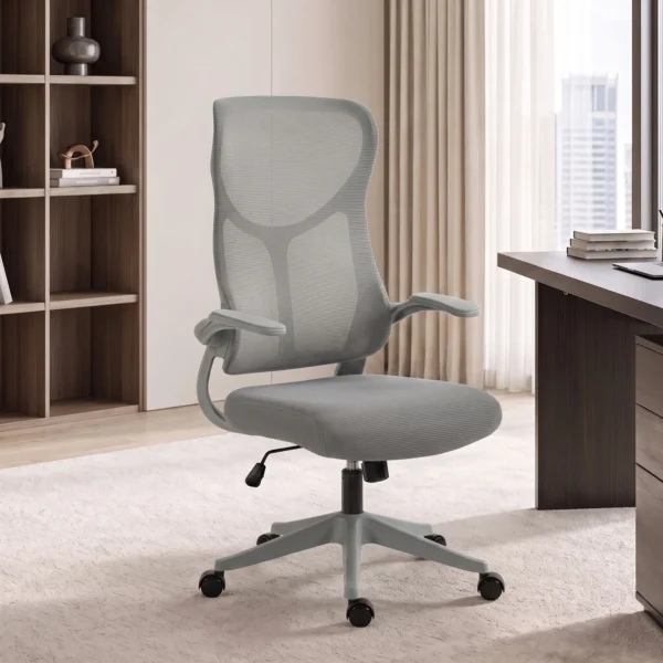 Ergonomische Mesh Bureaustoel, Draaibare Stoel Met Hoge Rugleuning, Opklapbare Armleuningen, Kantelfunctie, Grijs