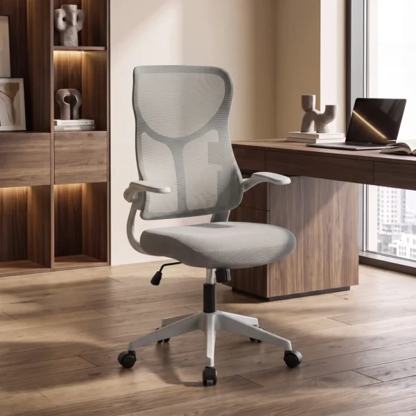 Ergonomische Mesh Bureaustoel, Draaibare Stoel Met Hoge Rugleuning, Opklapbare Armleuningen, Kantelfunctie, Grijs
