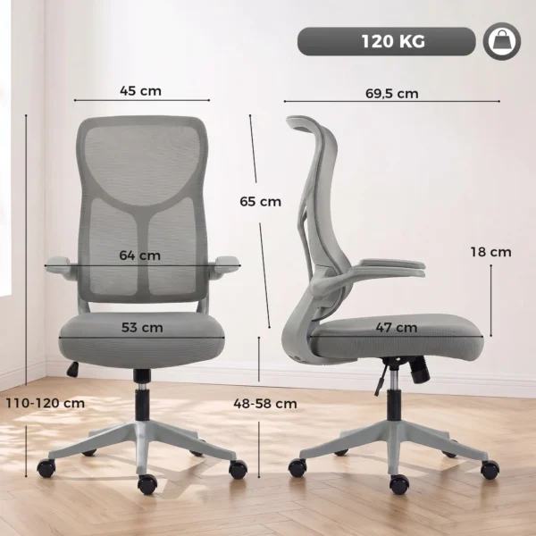 Ergonomische Mesh Bureaustoel, Draaibare Stoel Met Hoge Rugleuning, Opklapbare Armleuningen, Kantelfunctie, Grijs