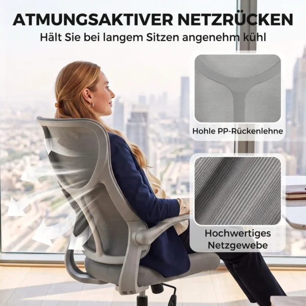 Ergonomische Mesh Bureaustoel, Draaibare Stoel Met Hoge Rugleuning, Opklapbare Armleuningen, Kantelfunctie, Grijs