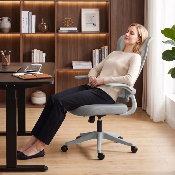 Ergonomische Mesh Bureaustoel, Draaibare Stoel Met Hoge Rugleuning, Opklapbare Armleuningen, Kantelfunctie, Grijs