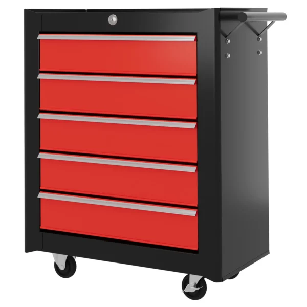 Gereedschapskist, Gereedschapskast, Rolbaar, 5 Laden, Staalplaat, Zwart+Rood