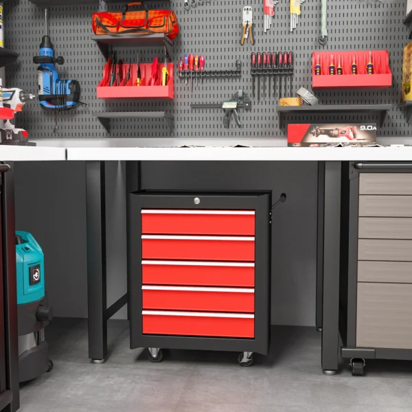 Gereedschapskist, Gereedschapskast, Rolbaar, 5 Laden, Staalplaat, Zwart+Rood