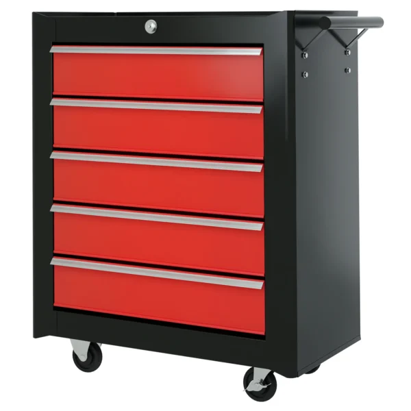 Gereedschapskist, Gereedschapskast, Rolbaar, 5 Laden, Staalplaat, Zwart+Rood