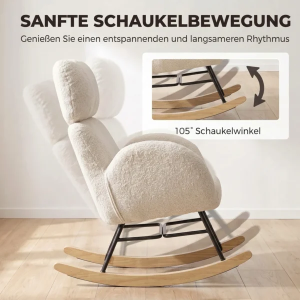 Gestoffeerde Schommelstoel Met Verstelbare Hoofdsteun, Fluweel In Regendruppel ontwerp, Frame Van Rubberboomhout, Crèmewit