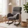 Gestoffeerde Schommelstoel Met Verstelbare Hoofdsteun, Fluweel In Regendruppel ontwerp, Frame Van Rubberboomhout, Donkergrijs