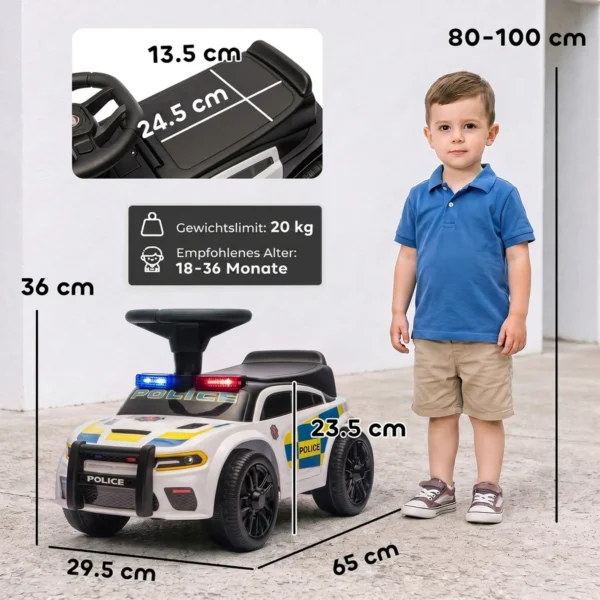 Glijauto Kinderen Politie Glijvoertuig Met Muziek Licht Anti Kantelbeveiliging & Opbergruimte Onder De Zitplaats 18 36 Maanden Wit