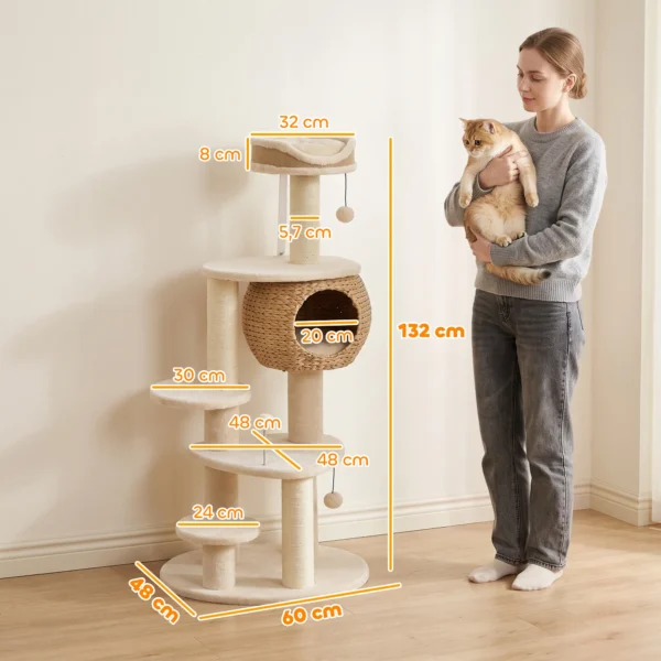 Grote Krabpaal 132 Cm Hoog Kattenboom Met Riet Hol Krabstammen Bed 3 Speelballen Kiepbeveiliging 1 2 Katten Tot 6kg