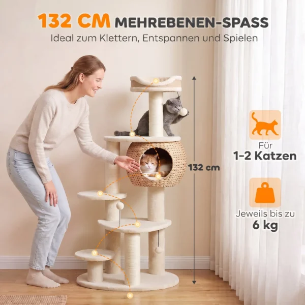 Grote Krabpaal 132 Cm Hoog Kattenboom Met Riet Hol Krabstammen Bed 3 Speelballen Kiepbeveiliging 1 2 Katten Tot 6kg