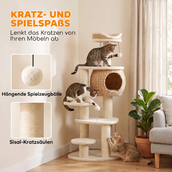 Grote Krabpaal 132 Cm Hoog Kattenboom Met Riet Hol Krabstammen Bed 3 Speelballen Kiepbeveiliging 1 2 Katten Tot 6kg
