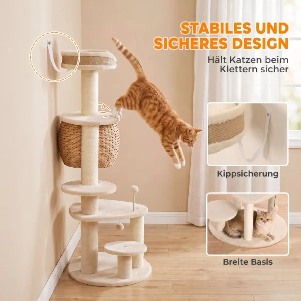 Grote Krabpaal 132 Cm Hoog Kattenboom Met Riet Hol Krabstammen Bed 3 Speelballen Kiepbeveiliging 1 2 Katten Tot 6kg